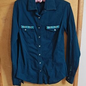 Cruel Girl Teal Button Down Shirt with Embroidered Accents